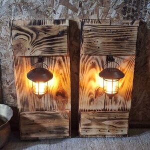 Rustic Wooden Wall Sconce Set with Black Solar Lanterns